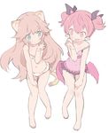  animal_ears barefoot bikini bikini_skirt blade_(galaxist) blue_eyes commentary_request demon_girl emelia_pris fang farfalia full_body hair_flaps hand_up lion_ears lion_girl lion_tail long_hair looking_at_another low_wings multiple_girls navel one-piece_swimsuit open_mouth pink_eyes pink_hair pink_swimsuit pointy_ears pop-up_story pose short_twintails simple_background smile standing strap_slip succubus swimsuit tail twintails wavy_hair white_background white_bikini wings 