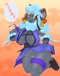  2017 anthro big_breasts big_eyebrows blue_hair blue_wool breasts brown_eyes caprine cleavage clothed clothing dialogue english_text eyebrows eyelashes female fingerless_gloves footwear fur gloves hair hi_res holding_object holding_weapon horn kunai looking_at_viewer mammal melee_weapon open_mouth roadiesky sheep shoes simple_background solo speech_bubble teeth text thick_thighs tongue underwear weapon wide_hips wool 