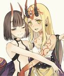  bad_id bad_pixiv_id black_hair blonde_hair commentary_request fangs fate/grand_order fate_(series) grey_eyes horns hrmnas hug ibaraki_douji_(fate/grand_order) long_hair multiple_girls one_eye_closed oni oni_horns pointy_ears revealing_clothes short_hair shuten_douji_(fate/grand_order) smile tattoo third_eye yellow_eyes 