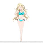  1girl aqua_bikini aqua_swimsuit bikini blonde_hair blush breasts claudia_enfield cleavage dengeki full_body gakusen_toshi_asterisk kawakami_tetsuya large_breasts long_hair looking_at_viewer navel official_art purple_eyes simple_background smile solo standing swimsuit white_skin 