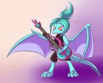  5_fingers anthro cyan_hair dragon gradient_background holding_object membranous_wings red_eyes simple_background wings xduskstarx 