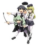  anchovy anzio_school_uniform bangs belt beret black_cape black_footwear black_hair black_hat black_neckwear black_ribbon black_skirt blonde_hair braid cape carpaccio dress_shirt drill_hair emblem full_body girls_und_panzer green_eyes green_hair hair_ribbon hat holding ifuji_shinsen leaning_forward loafers long_hair long_sleeves looking_at_another looking_at_viewer miniskirt multiple_girls necktie open_mouth pantyhose parted_lips pepperoni_(girls_und_panzer) pleated_skirt red_eyes ribbon riding_crop school_uniform shirt shoes short_hair side_braid simple_background skirt smile standing twin_drills twintails white_background white_legwear white_shirt 