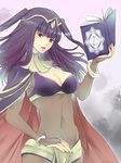  book bracelet breasts circlet cleavage cloak covered_navel fingerless_gloves fire_emblem fire_emblem:_kakusei gloves jewelry kariu large_breasts long_hair looking_at_viewer open_mouth purple_eyes purple_hair see-through smile solo tharja twintails upper_body 