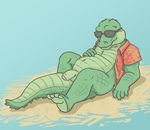  anthro balls belly big_belly chewycuticle clothed clothing crocodile crocodilian eyewear flaccid grandall_(character) humanoid_penis male open_shirt penis reptile scalie solo sunglasses uncut 