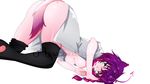  2017 absurd_res animal_humanoid ass_up big_butt bottomless braided_hair breasts butt cat cat_humanoid clothed clothing distracting_watermark feline female fur green_eyes hair hi_res humanoid kou legwear looking_at_viewer looking_back mammal mesubuta open_shirt pigtails purple_hair simple_background solo stockings thigh_highs under_boob watermark white_background 