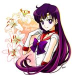  bishoujo_senshi_sailor_moon bow character_name choker circlet closed_mouth earrings flower gloves happy_birthday hino_rei jewelry lily_(flower) long_hair looking_at_viewer magical_girl purple_bow purple_eyes purple_hair red_choker red_sailor_collar sailor_collar sailor_mars sailor_senshi_uniform sarashina_kau signature smile solo star star_earrings upper_body white_gloves 