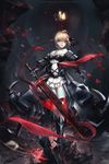  armor armored_boots armored_dress artoria_pendragon_(all) barefoot black_armor blonde_hair blood boots crown fate/grand_order fate_(series) frills gauntlets highres lips looking_at_viewer navel pale_skin pauldrons saber_alter sangrde solo weapon wind yellow_eyes 