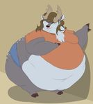  2017 anthro astr0zone cervine chest_tuft clothing cloven_hooves deer hooves leaning male mammal midriff morbidly_obese obese overweight shirt shorts solo standing tuft 