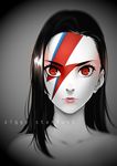  aladdin_sane black_hair commentary david_bowie forehead lightning_bolt lipstick long_hair looking_at_viewer lulu-chan92 makeup original parody partially_colored red_eyes simple_background solo spot_color ziggy_stardust 