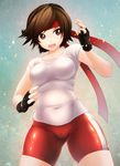  ass_visible_through_thighs breasts brown_eyes brown_hair cameltoe cowboy_shot fingerless_gloves gloves highres kazama_asuka medium_breasts open_mouth red_headband shirt short_hair shorts sitouanang skin_tight solo t-shirt tekken 