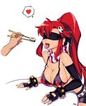  1girl bikini bikini_top breasts chopsticks cleavage elbow_gloves flame_print food gloves heart highres red_hair scarf simple_background solo_focus spoken_heart sushi swimsuit tengen_toppa_gurren_lagann typo_(requiemdusk) yoko_littner 