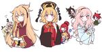  &gt;_&lt; :3 =3 alternate_hair_length alternate_hairstyle animal_ears bangs black_eyes blonde_hair blush bow brown_hair cape cat_ears cat_tail chinese_clothes closed_eyes closed_mouth clownpiece control_rod earmuffs eyebrows_visible_through_hair green_bow green_eyes green_skirt grey_hair hair_between_eyes hair_bow hair_flaps hairband hat heart hecatia_lapislazuli highres holding jester_cap junko_(touhou) kaenbyou_rin komeiji_satori long_hair long_sleeves looking_at_viewer mononobe_no_futo multiple_girls multiple_tails neck_ruff nose_blush open_mouth pink_eyes pink_hair polka_dot red_eyes red_hair reiuji_utsuho ritual_baton shan short_hair short_sleeves side_ponytail sidelocks simple_background skirt sleeves_past_fingers sleeves_past_wrists soga_no_tojiko star star_print sweat tail tate_eboshi third_eye torch touhou toyosatomimi_no_miko white_background wings yellow_eyes 