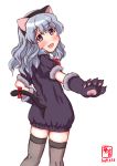  1girl alternate_costume animal_costume animal_ears artist_logo back bell black_dress black_legwear blush bow bowtie cat_costume cat_ears cat_tail cowboy_shot dated dress eyebrows_visible_through_hair gloves grey_eyes hair_between_eyes hairband highres jingle_bell kanon_(kurogane_knights) kantai_collection long_hair looking_at_viewer open_mouth paw_gloves paws signature silver_hair simple_background smile solo tail thighhighs wavy_hair white_background yamagumo_(kantai_collection) 