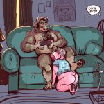  ! 2018 4_toes ambiguous_gender anthro anthro_on_anthro beard biceps black_hair body_hair bottomless butt canid canine canis casual_sex chair chest_hair clothed clothing controller curtains dramamine duo ear_piercing english_text facial_hair facial_piercing fellatio food game_controller gaming hair hand_on_penis kneeling lamp male male/ambiguous mammal muscular muscular_male nose_piercing nose_ring nude oral piercing pillow pizza playing_videogame poster rotary_fan sex sitting sofa sound_effects speech_bubble stomach_hair sweat text toes tongue tongue_out ursid wolf 