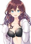  :d black_bra blue_eyes blush bra breasts brown_hair cleavage collarbone earrings hanamuke highres ichinose_shiki idolmaster idolmaster_cinderella_girls jewelry labcoat long_hair looking_at_viewer medium_breasts off_shoulder open_mouth simple_background sleeves_past_wrists smile solo underwear upper_body wavy_hair white_background 