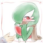  1girl blush border gardevoir green_hair hair_over_one_eye hands_together long_sleeves looking_away pokemon pokemon_(creature) pokemon_rse red_border red_eyes scarf short_hair simple_background white_background yu_yun 