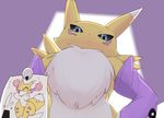  2017 anthro black_sclera blue_eyes chest_tuft clothing digimon fur gloves holding_object letsuo looking_at_viewer looking_down low-angle_view renamon solo tuft white_fur yellow_fur 