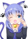  1girl ;o animal_ear_fluff animal_ears bangs bell bell_choker black_shirt blue_choker blue_neckwear blush breasts cat_ears cat_girl cat_tail choker collarbone commentary_request eyebrows_visible_through_hair fang hair_between_eyes hair_ornament hand_up highres jingle_bell kemonomimi_mode long_hair long_sleeves looking_at_viewer low_twintails medium_breasts neckerchief nijisanji one_eye_closed open_mouth sailor_collar school_uniform serafuku shirt simple_background solo tail tail_raised twintails upper_body virtual_youtuber white_background white_sailor_collar ymd_(holudoun) yuuki_chihiro 