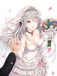  1girl ;d absurdres bangs black_bow blush bouquet bow breasts bridal_veil collar collarbone commentary_request dress elbow_gloves eyebrows_visible_through_hair flower girls_frontline gloves grey_hair hair_bow hands_up highres holding holding_bouquet interlocked_fingers iron_cross kar98k_(girls_frontline) large_breasts leon_v long_hair looking_at_viewer one_eye_closed open_mouth out_of_frame petals pov red_eyes simple_background smile solo_focus teeth tiara veil very_long_hair wedding_dress white_background white_dress 