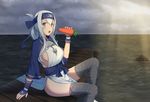  ainu_clothes anchor black_legwear blue_eyes breasts carrot cropped_jacket folded_ponytail headband kamoi_(kantai_collection) kaname_(melaninusa09) kantai_collection large_breasts long_hair long_sleeves looking_at_viewer open_mouth outdoors pier sidelocks solo thick_eyebrows thighhighs water white_hair wrist_guards 