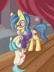  blue_eyes blue_hair clothed clothing cutie_mark cyan_hair detailed_background duo equine eyewear fan_character female feral fur glasses hair hooves mammal my_little_pony purple_eyes smile xduskstarx yellow_fur 