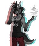  3d_(artwork) anthro callmedaddy canine cigarette clothing digital_media_(artwork) ear_piercing feline hair horn hybrid long_hair looking_at_viewer male mammal piercing ponytail pose sassy shirt smoke smoking standing zird 