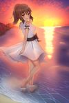  beach blush brown_eyes brown_hair dress fate/zero long_hair looking_back night ponytail shirley_(fate/zero) sky smile wet 