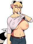  2016 animal_humanoid araiguma-san areola big_breasts blonde_hair breasts clothed clothing clothing_lift erect_nipples female flashing hair huge_breasts humanoid jeans mammal navel nipple_bulge nipples pants raccoon raccoon_humanoid red_eyes shirt shirt_lift short_hair signature striped_tail stripes tsukudani_(coke-buta) 