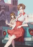  artist_name blue_sky breasts brown_eyes brown_hair brown_shirt car church closed_mouth collared_shirt commentary cross day ground_vehicle highres holding holding_phone kang_jaehee leaning_back long_hair looking_at_viewer medium_breasts motor_vehicle multiple_girls outdoors phone protagonist_(susanghan_messenger) saimon_ma shirt short_hair sky sunlight susanghan_messenger twitter_username yellow_eyes 