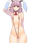  between_labia breasts censored cowboy_shot flat_chest highres looking_at_viewer masao mosaic_censoring nipple_cutout original purple_hair red_eyes simple_background slingshot_swimsuit small_breasts solo standing swimsuit white_background 