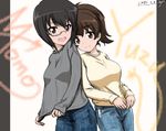  blush brown_hair bukkuri casual commentary_request dated denim girls_und_panzer jeans kawashima_momo koyama_yuzu leaning_on_person long_hair long_sleeves monocle multiple_girls pants ponytail short_hair sweater 