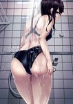  ass black_eyes black_hair commentary competition_swimsuit from_behind highres indoors one-piece_swimsuit original pale_skin parted_lips profile shoulder_blades showering solo swimsuit tile_wall tiles toumin wet 