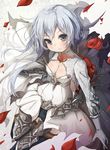  asymmetrical_hair bangs black_legwear blush braid breasts brown_eyes cleavage closed_mouth commentary_request covered_navel dress eyebrows_visible_through_hair grey_hair long_hair looking_at_viewer matokechi medium_breasts petals sidelocks silver_hair sinoalice snow_white_(sinoalice) solo thighhighs white_dress 