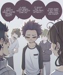  !! ... 1girl 4boys ? ?? blue_eyes blue_hair boku_no_hero_academia bullying child closed_mouth crossed_arms english eyes_closed half-closed_eyes highres hood hoodie keiid long_sleeves multiple_boys no_eyes open_mouth sad shinsou_hitoshi shirt smile speech_bubble spiked_hair text younger 