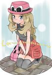  1girl artist_request bag bare_shoulders between_legs black_legwear black_shirt black_shoes blonde_hair blue_background blush bow embarrassed grey_eyes hands_between_legs hat hat_bow highres kneeling long_hair looking_at_viewer peeing peeing_self pink_bag pink_hat pleated_skirt pokemon pokemon_xy puddle red_skirt serena_(pokemon) shirt shoes simple_background skirt sleeveless sleeveless_shirt solo tears text thighhighs translation_request zettai_ryouiki 