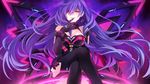  breasts choujigen_taisen_neptune_vs_sega_hard_girls cleavage crossed_legs dominatrix earrings elbow_gloves game_cg gloves glowing hair_between_eyes half-closed_eyes hand_to_own_mouth highres iris_heart jewelry large_breasts long_hair looking_at_viewer mechanical_wings neptune_(series) purple_hair red_eyes sitting solo symbol-shaped_pupils tsunako very_long_hair wings 