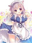  1girl :d animal_ears apron bangs blue_dress blush breasts brown_eyes brown_hair cat_day cat_ears cat_girl cat_tail collared_dress commentary_request dress eyebrows_visible_through_hair flower frilled_apron frilled_dress frills hair_between_eyes hair_flower hair_ornament hand_up head_tilt long_hair maid_headdress medium_breasts open_mouth original pink_flower puffy_short_sleeves puffy_sleeves purple_flower short_sleeves smile solo tail thighhighs very_long_hair white_apron white_legwear wrist_cuffs yukie_(peach_candy) 