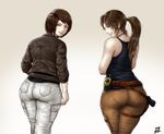  2girls ass bare_shoulders black_hair brown_eyes brown_hair from_behind jacket jeans lara_croft long_hair looking_at_viewer looking_back multiple_girls nix_(ak-style) pants pantylines ponytail samantha_nishimura short_hair smile tomb_raider tomb_raider_(reboot) 