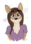  blush canine chest_tuft clothing coyote fairdahlia female looking_at_viewer mammal portrait shirt smile solo tuft 