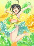  ahoge black_hair blush brown_eyes commentary_request food fruit idolmaster idolmaster_cinderella_girls kohinata_miho lemon lemon_slice lime_slice looking_at_viewer open_mouth outstretched_arms sch short_hair smile solo water 