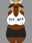  arms_behinde_back big_breasts blue_eyes bovine breasts brown_fur cattle clothing ear_piercing female fur got_milk horn huge_breasts karnator_(artist) mammal piercing shirt smile tank_top thick_thighs tight_clothing wide_hips yellow-hair 