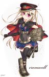  blonde_hair cape caterpillar_tracks character_name covered_navel cromwell_(tank)_(personification) full_body highres looking_at_viewer mecha_musume military military_uniform moai21 personification red_eyes signature solo tank_turret uniform white_background world_of_tanks 