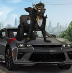  2017 anthro black_hair breasts canine car city deity demon demonic driver ear_piercing facial_piercing female hair hi_res leather mammal piercing racer robyn_paperdoll saiya_darkfire vehicle 