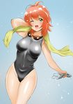  chaborin competition_swimsuit covered_navel cowboy_shot goggles goggles_around_neck gradient gradient_background green_eyes grey_swimsuit looking_at_viewer navel one-piece_swimsuit open_mouth original red_hair short_hair solo standing swim_cap_removed swimsuit towel wet 
