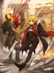  1boy 1girl blonde_hair blood blood_spray cervus commentary_request dagger fantasy fire highres long_hair original pantyhose pixiv_fantasia_last_saga polearm red_eyes sheath sheathed weapon 