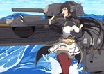  black_coat black_gloves black_hair breasts brown_eyes commentary_request elbow_gloves framed_breasts gloves hamaguri_(hamaguri1234) headgear kantai_collection large_breasts looking_to_the_side miniskirt nagato_(kantai_collection) navel ocean partly_fingerless_gloves pleated_skirt red_legwear remodel_(kantai_collection) rigging skirt solo thighhighs turret white_skirt zettai_ryouiki 