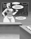  ambiguous_gender anthro big_breasts breasts canine classroom clothed clothing dianna_(komponi) duo english_text female greyscale huge_breasts inviting komponi mammal mature_female monochrome nipples open_shirt school smile solo_focus text 