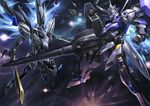  dual_wielding explosion glowing glowing_eyes gundam gundam_bael gundam_kimaris_vidar gundam_tekketsu_no_orphans holding holding_sword holding_weapon lance mecha momoto no_humans polearm space sword thrusters weapon 