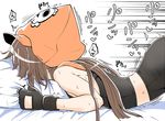  bike_shorts bra brown_hair face_in_pillow fingerless_gloves from_side gloves guilty_gear guilty_gear_xrd hat implied_sex long_hair may_(guilty_gear) orange_hat pillow pillow_grab pirate_hat ponkotsu solo speed_lines tank_top training_bra underwear 