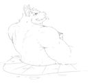  anthro grandall_(artist) greyscale looking_back male mammal monochrome muscular porcine scar sketch solo swimming_pool tongue tongue_out 